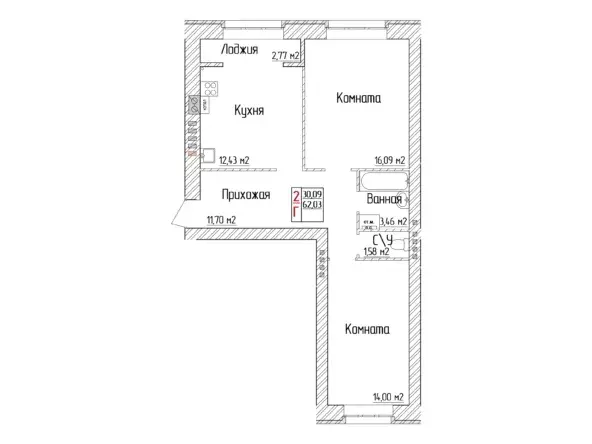 2-к квартира, 62.03 м - Фото 0