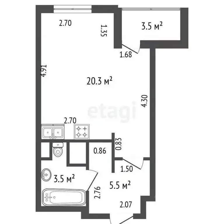 Студия Санкт-Петербург ул. Крыленко, 1к1с7 (29.3 м) - Фото 2