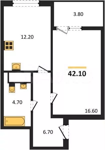 1-к. квартира, 42,1 м, 4/4 эт. - Фото 1