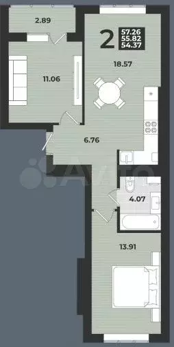2-к. квартира, 57,3 м, 5/9 эт. - Фото 1