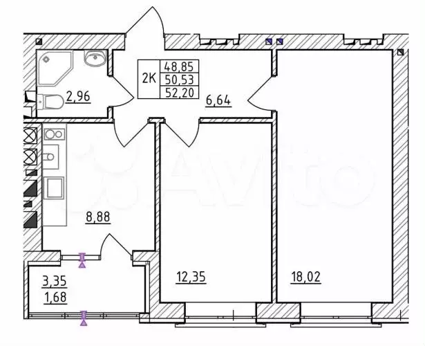 2-к. квартира, 50,5 м, 6/7 эт. - Фото 1