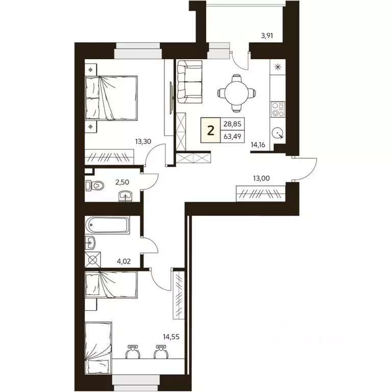 2-к кв. Башкортостан, Уфа ул. Жуковского, 19А (63.49 м) - Фото 0