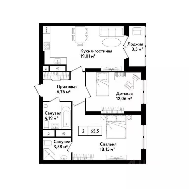 2-к кв. Тульская область, Тула ул. Седова, 26к2 (68.6 м) - Фото 0