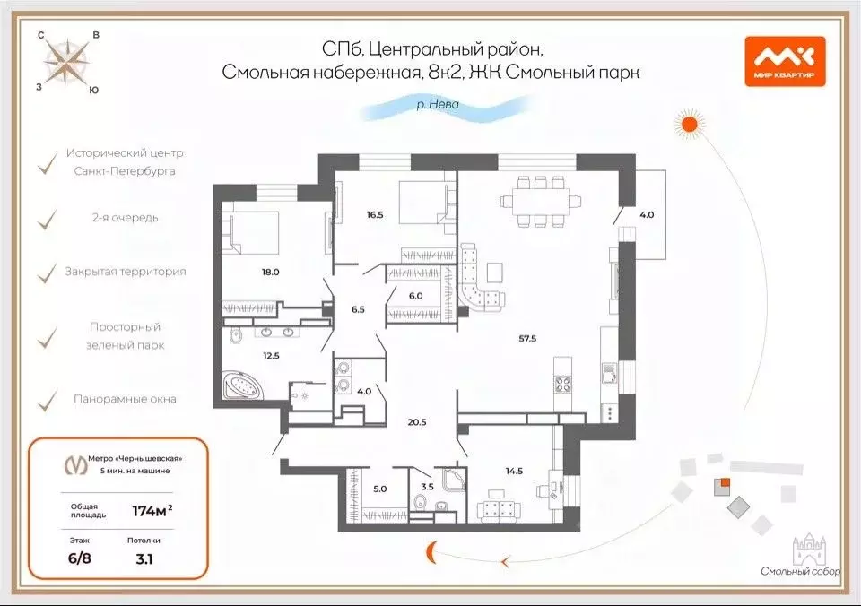 4-к кв. Санкт-Петербург Смольная наб., 8к2 (174.0 м) - Фото 2
