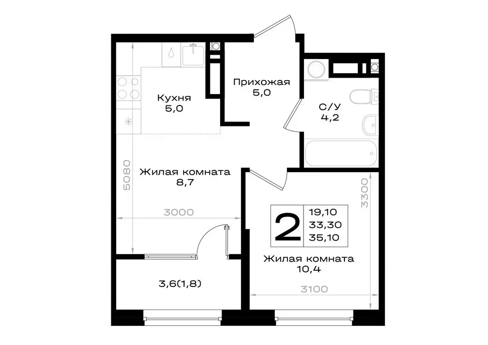 2-комнатная квартира: Аксай, Новый Аксай (35.1 м) - Фото 1