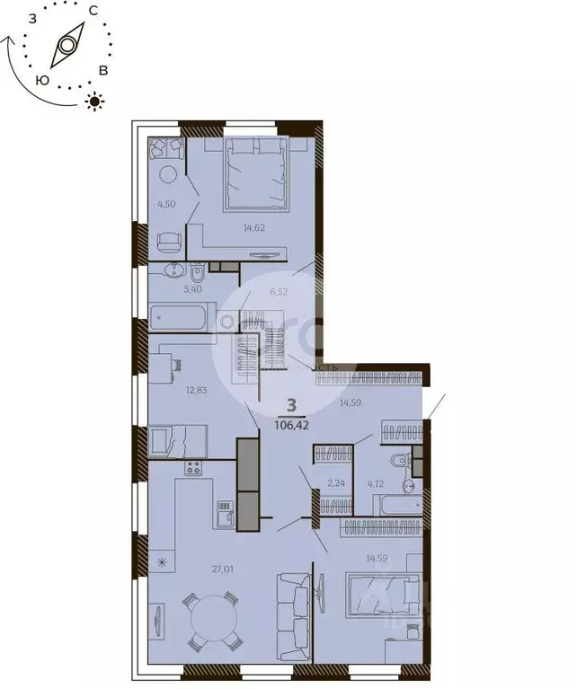 3-к кв. Рязанская область, Рязань ул. Грибоедова, 14 (104.0 м) - Фото 1