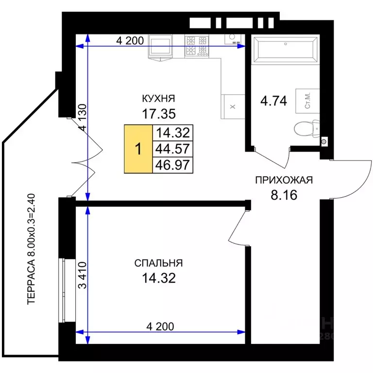 1-к кв. Калининградская область, Гурьевск Включи жилой комплекс (46.97 ... - Фото 0