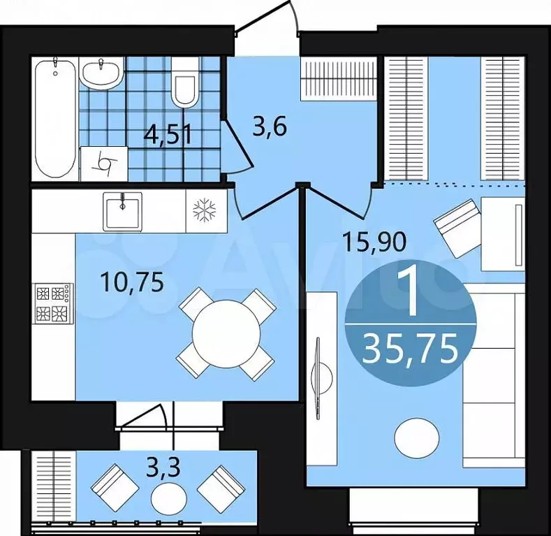 1-к. квартира, 35,8 м, 2/9 эт. - Фото 1