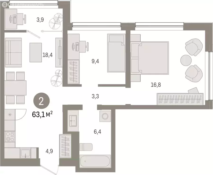 2-комнатная квартира: Тюмень, Мысовская улица, 26к1 (63.08 м) - Фото 1