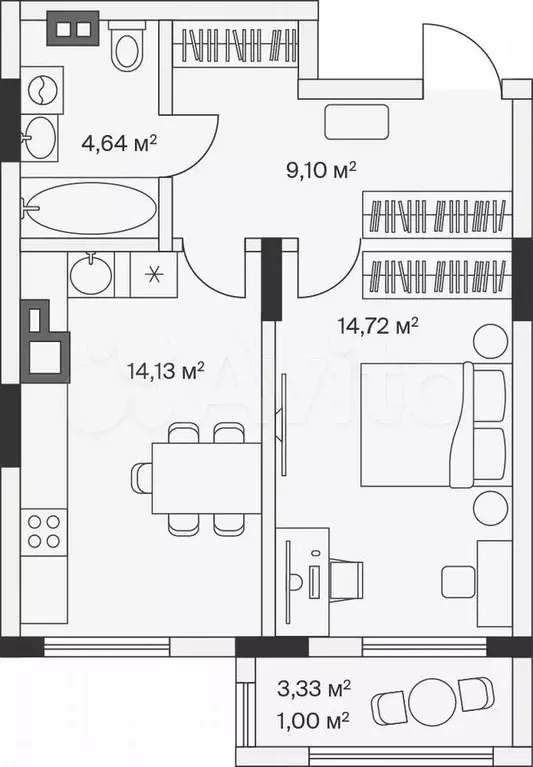 1-к. квартира, 42,9 м, 1/7 эт. - Фото 1