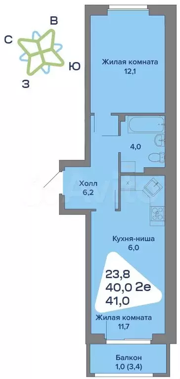 2-к. квартира, 41м, 2/4эт. - Фото 0