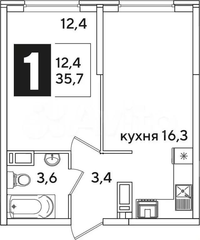 1-к. квартира, 35,7 м, 15/16 эт. - Фото 1