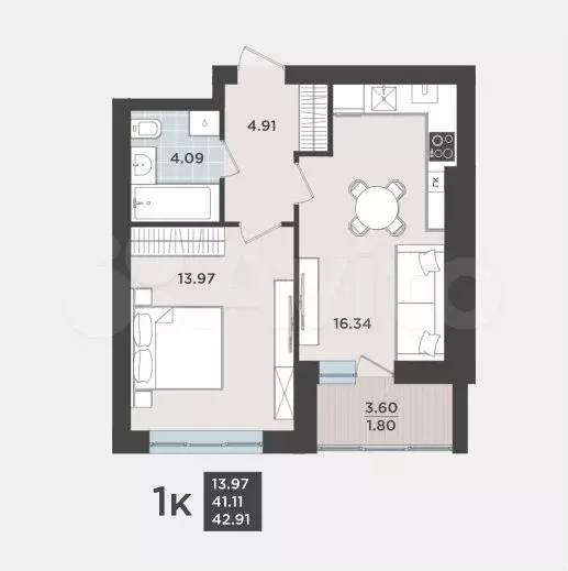 1-к. квартира, 42,9 м, 3/9 эт. - Фото 1