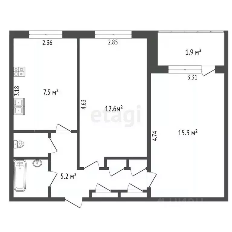 2-к кв. Псковская область, Псков Рижский просп., 41 (45.9 м) - Фото 1