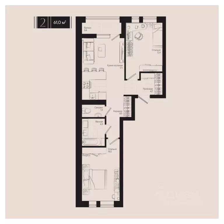 2-к кв. Краснодарский край, Краснодар ул. Им. Мурата Ахеджака, 20 ... - Фото 0