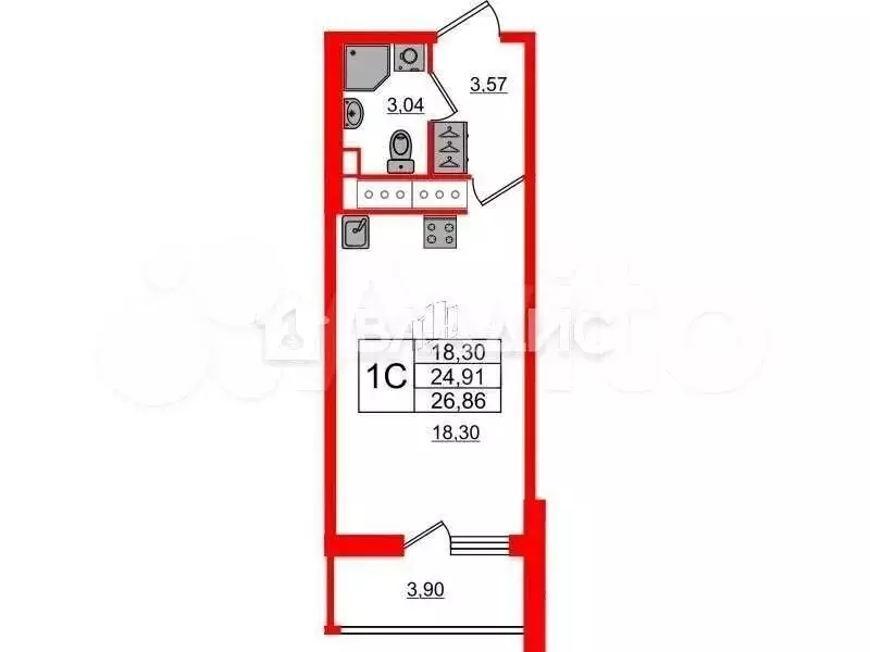 Квартира-студия, 28,8 м, 23/25 эт. - Фото 1
