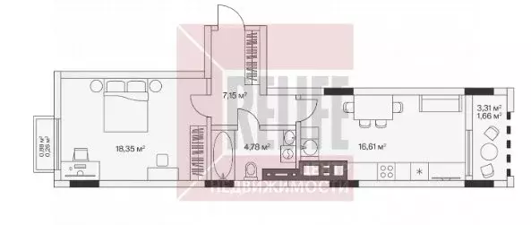 1-комнатная квартира: посёлок Малое Исаково, Первая улица, 1к4 (49.6 ... - Фото 1