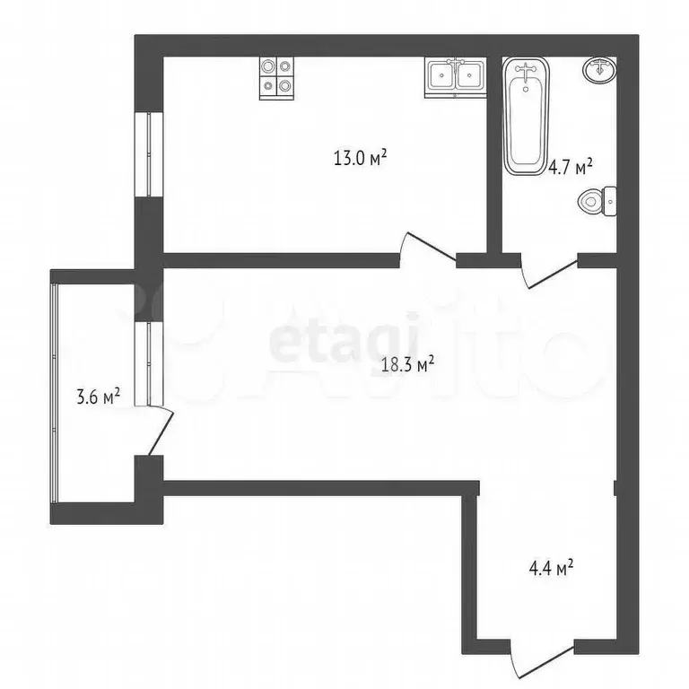1-к. квартира, 39,8 м, 1/3 эт. - Фото 0