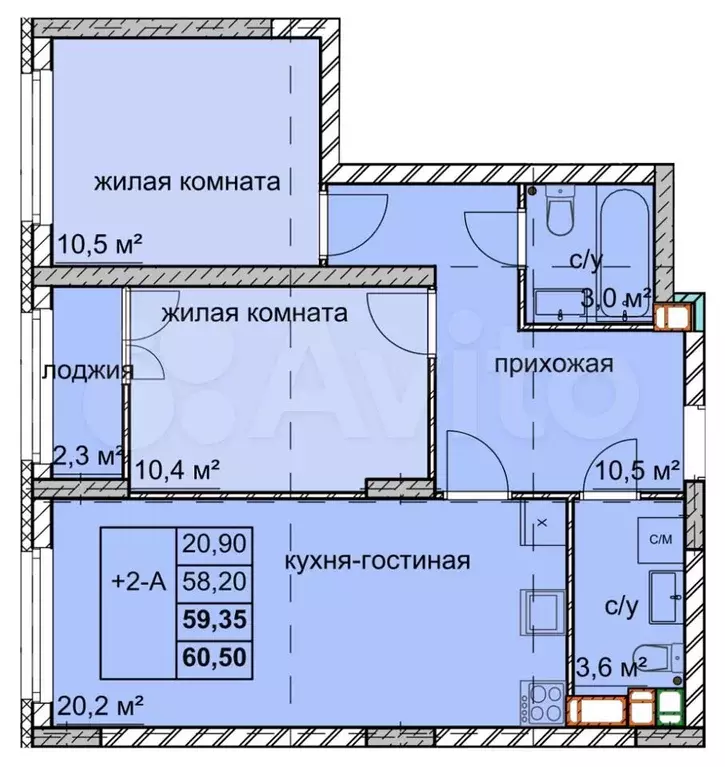 2-к. квартира, 59,4 м, 5/15 эт. - Фото 0