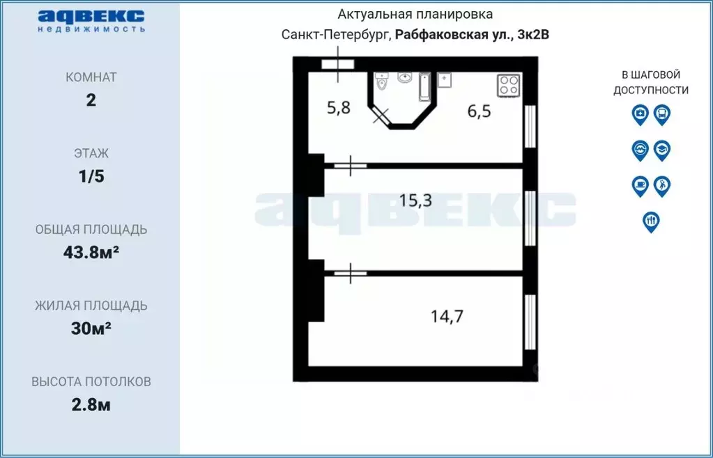 2-к кв. Санкт-Петербург Рабфаковская ул., 3К2 (43.8 м) - Фото 2