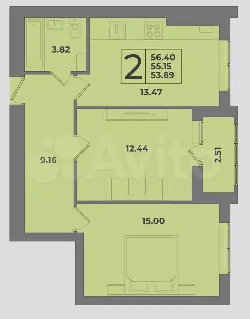 2-к. квартира, 56,4 м, 6/8 эт. - Фото 1