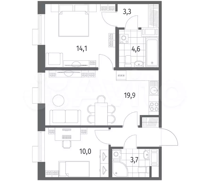 2-к. квартира, 59,3 м, 10/12 эт. - Фото 1