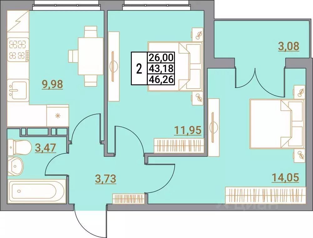 2-к кв. Волгоградская область, Волгоград Удмуртская ул., 75 (46.26 м) - Фото 1