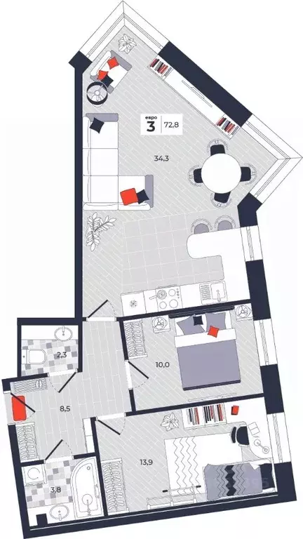 3-к кв. Тульская область, Тула ул. Академика Насоновой, 1А (72.8 м) - Фото 1