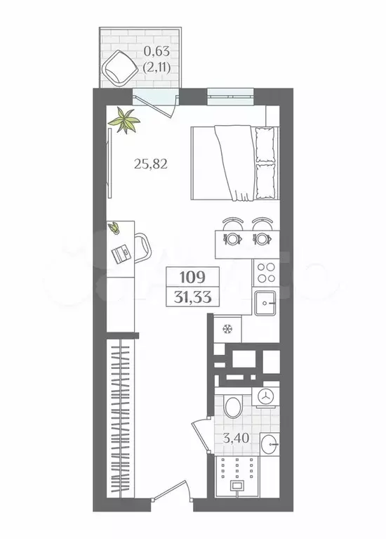 1-к. квартира, 31,3 м, 2/7 эт. - Фото 1