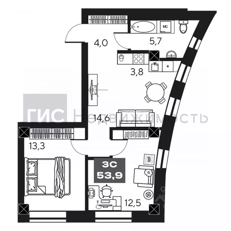 2-к кв. Новосибирская область, Новосибирск ул. Маковского, 6 (53.9 м) - Фото 1