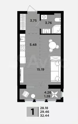 Квартира-студия, 32,4 м, 2/5 эт. - Фото 1