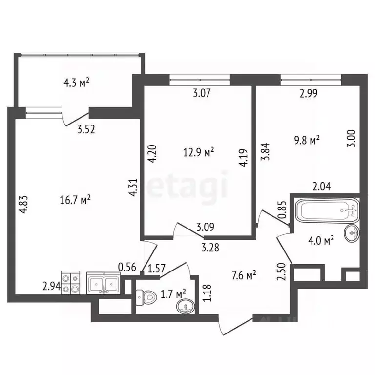 2-к кв. Санкт-Петербург аллея Арцеуловская, 19 (52.7 м) - Фото 2