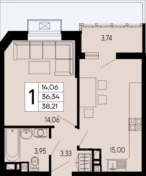 1-к кв. Адыгея, Майкоп 9 Мая ул. (38.21 м) - Фото 1