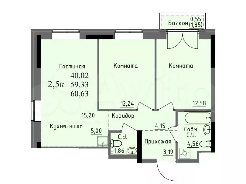 2-к. квартира, 59,3м, 5/17эт. - Фото 0