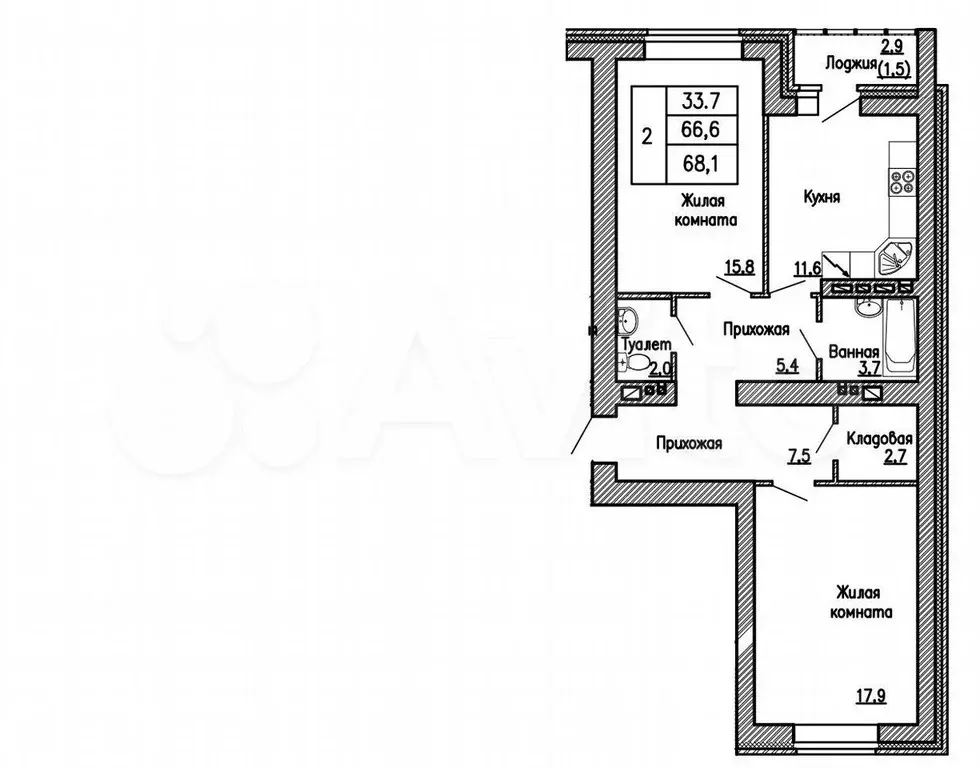 2-к. квартира, 68,1 м, 15/17 эт. - Фото 0