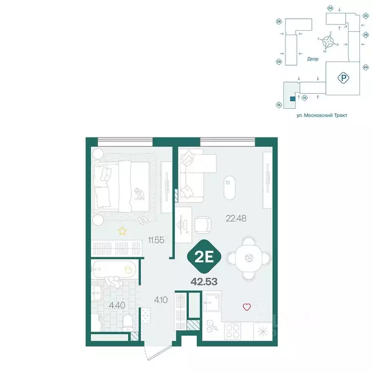 1-к кв. Тюменская область, Тюмень Сибирский жилой комплекс (42.53 м) - Фото 1