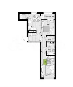 2-к. квартира, 57 м, 2/9 эт. - Фото 1