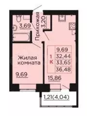 1-к. квартира, 36,5 м, 4/4 эт. - Фото 1