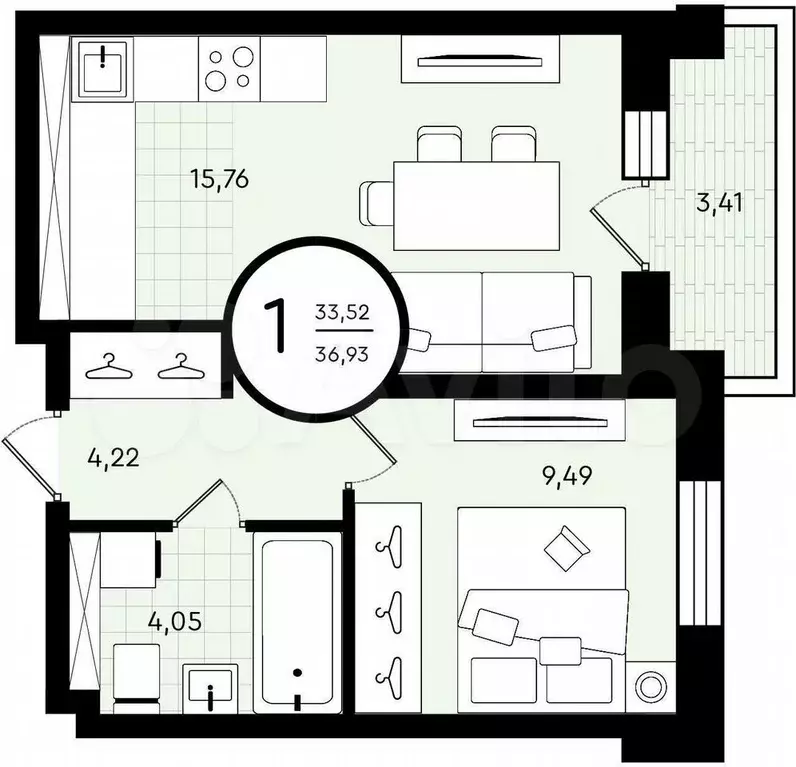 1-к. квартира, 38 м, 4/4 эт. - Фото 0