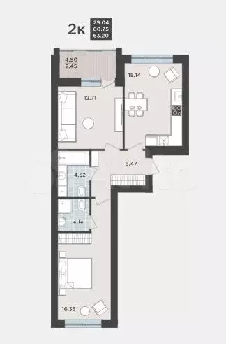 2-к. квартира, 60,7 м, 1/9 эт. - Фото 1