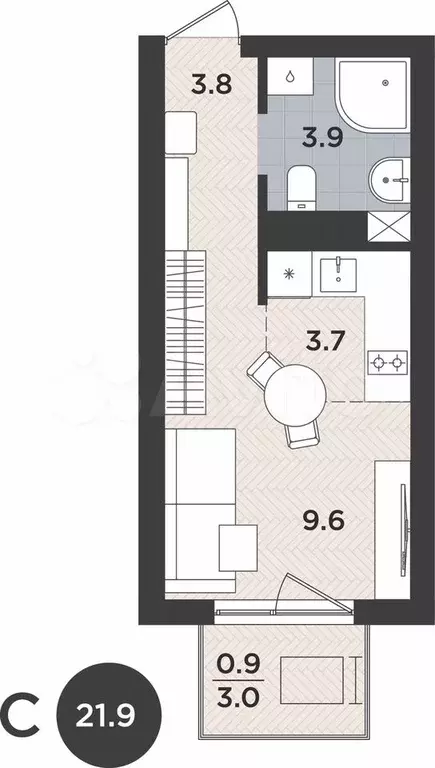 1-к. квартира, 21,9 м, 4/9 эт. - Фото 1