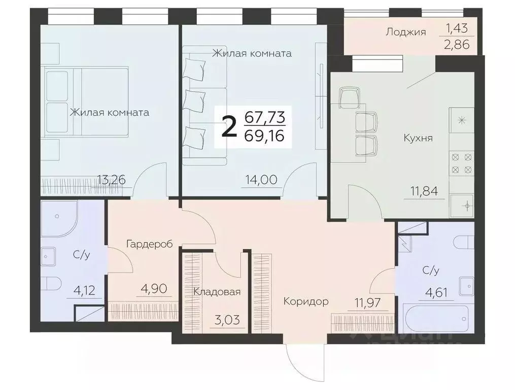 2-к кв. Воронежская область, Воронеж Ленинградская ул., 29Б (69.16 м) - Фото 0