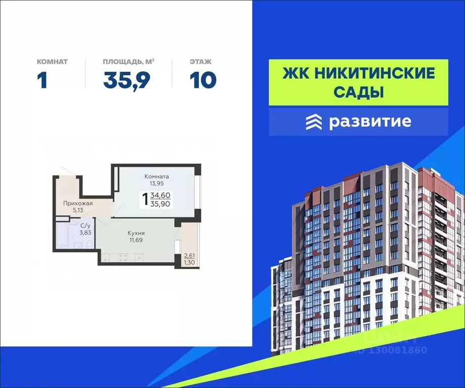 1-к кв. Воронежская область, Воронеж Никитинские сады жилой комплекс ... - Фото 0