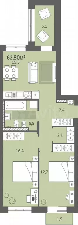 2-к. квартира, 62,8 м, 6/6 эт. - Фото 0