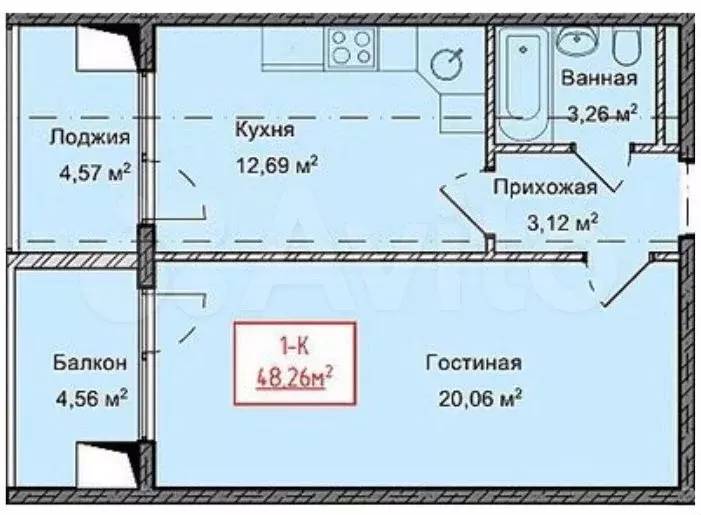 1-к. квартира, 48,3 м, 6/13 эт. - Фото 1