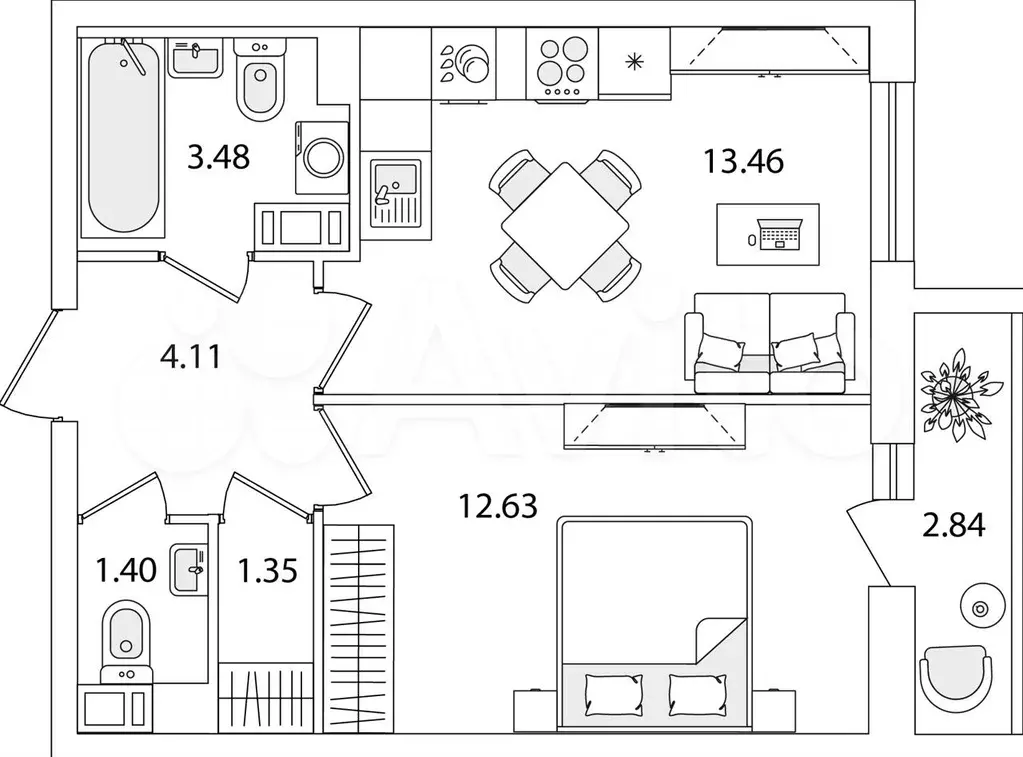 1-к. квартира, 37,9 м, 8/9 эт. - Фото 0