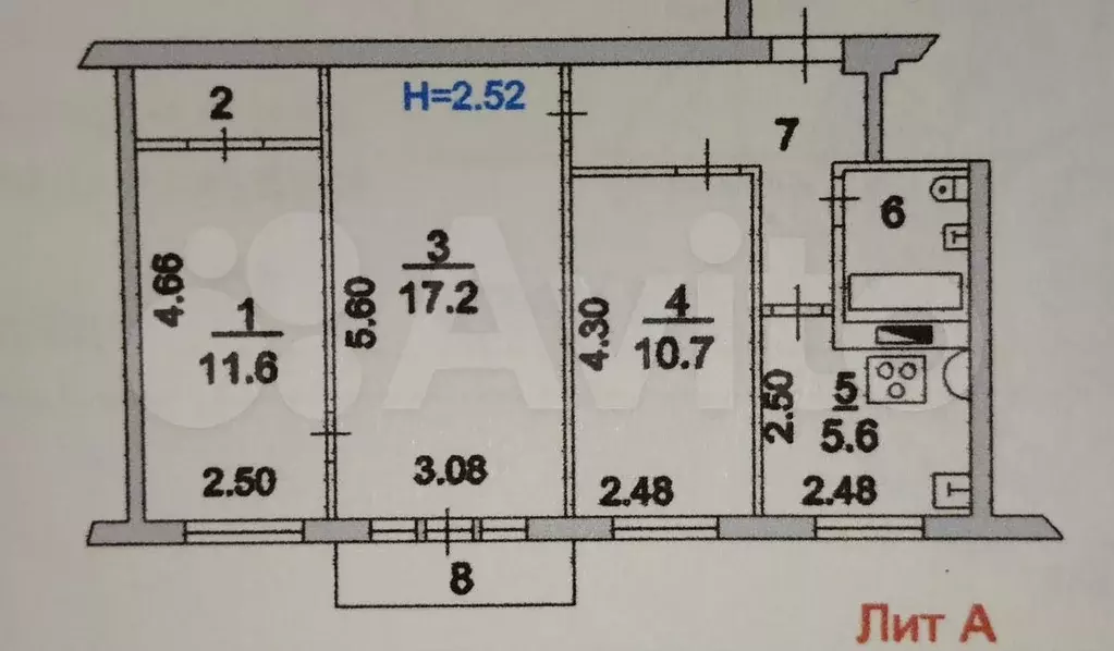 3-к. квартира, 56,4 м, 4/4 эт. - Фото 0