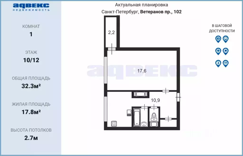 1-к кв. Санкт-Петербург просп. Ветеранов, 102 (32.3 м) - Фото 1