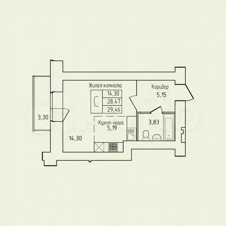 Квартира-студия, 29,5 м, 2/13 эт. - Фото 0