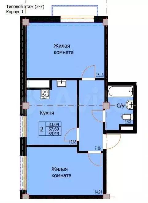 2-к. квартира, 59,5 м, 3/8 эт. - Фото 0